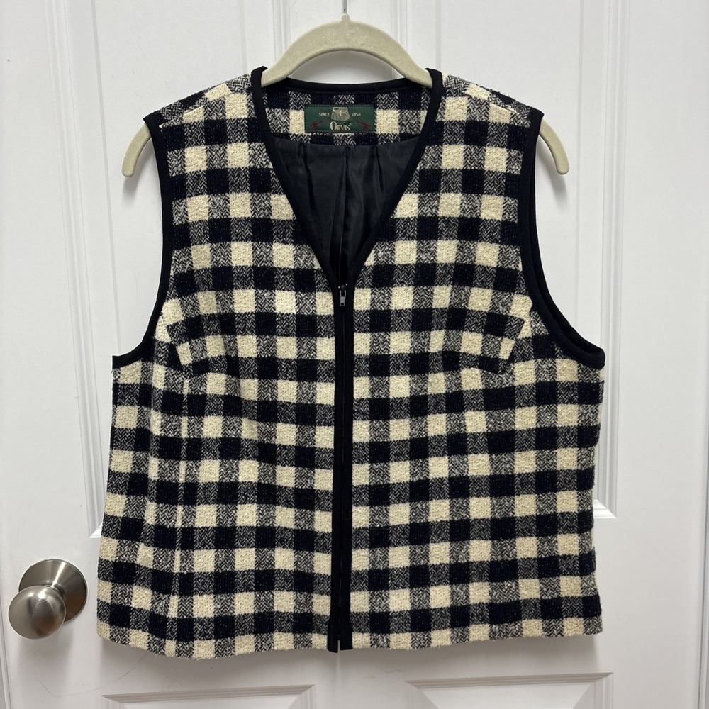 Orvis Woman's Black And White Checkered Wool Full Zip Vest - Size 14